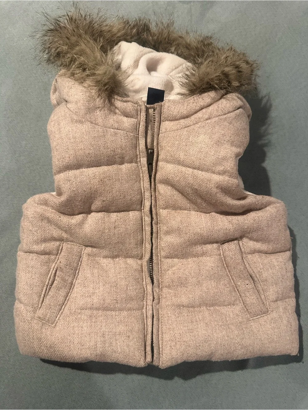 GAP Pink Taupe Hooded Puffer Vest with Faux Fur Trim